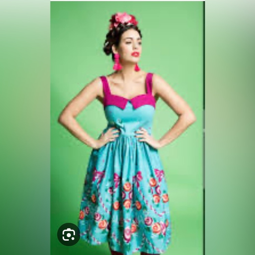 LINDY BOP RARE SASKIA TEAL AND PURPLE FOLK FLOWER DRESS - Picture 10 of 11